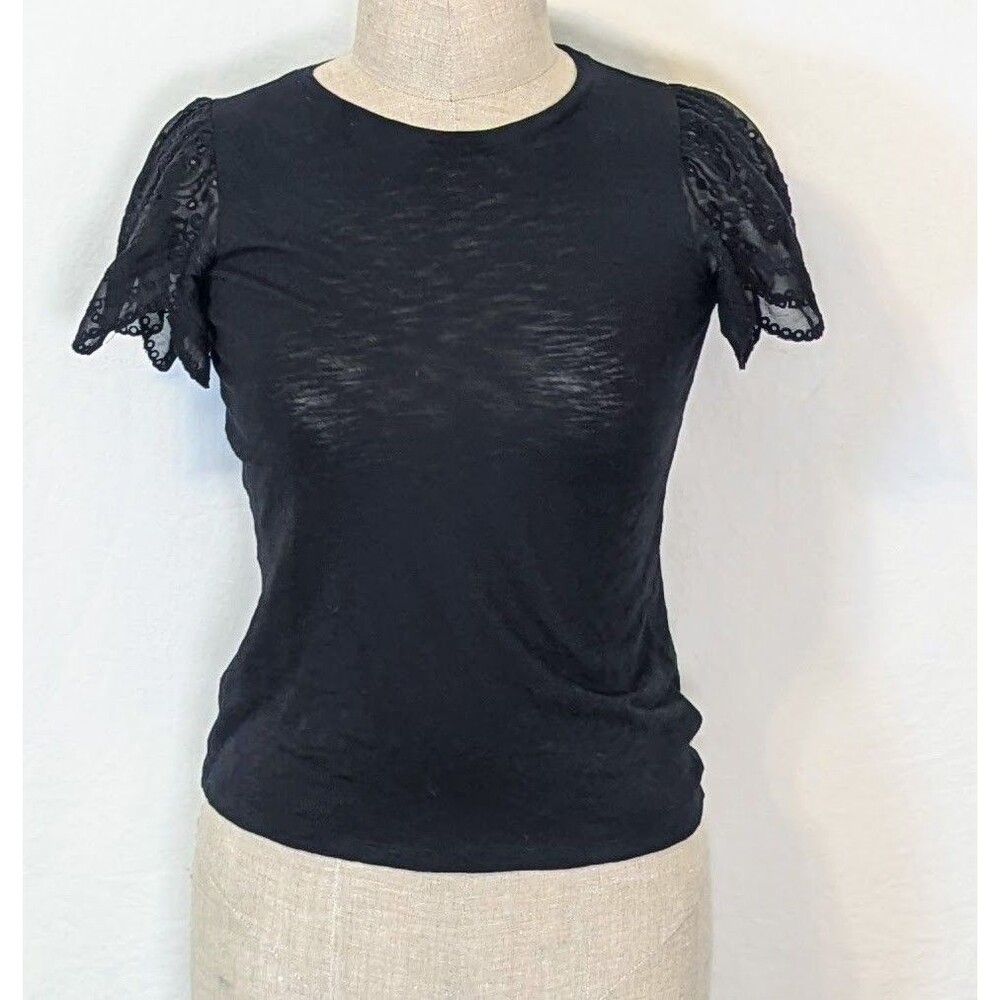 Express Womens Medium Black Lace Sleeve Top Cotton Modal Semi Sheer Short Sleeve